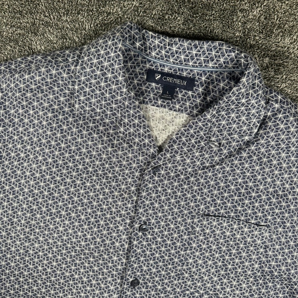 Cremieux Linen Shirt Mens L Blue White Geometric Triangle Short Slv Camp Pocket